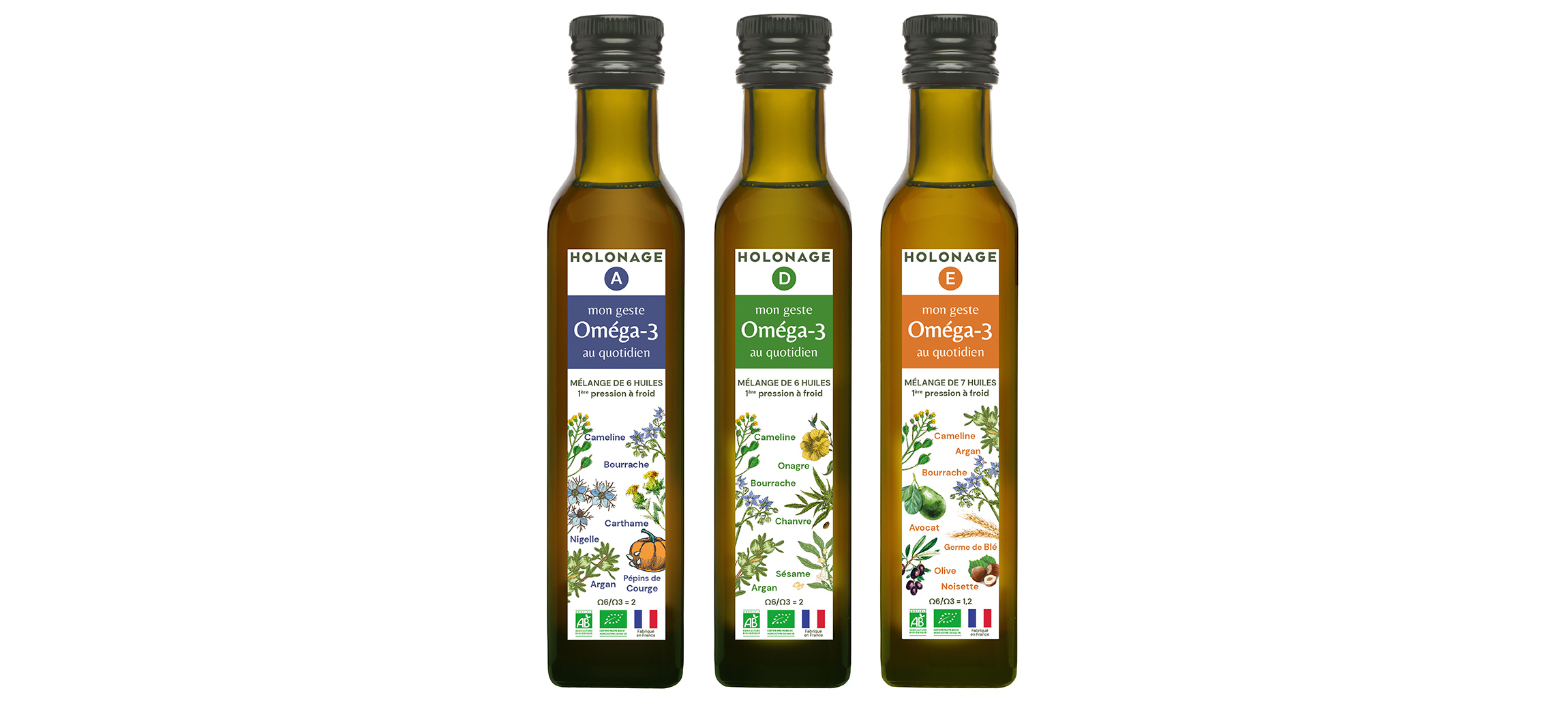 Étiquettes des trois huiles Holonage