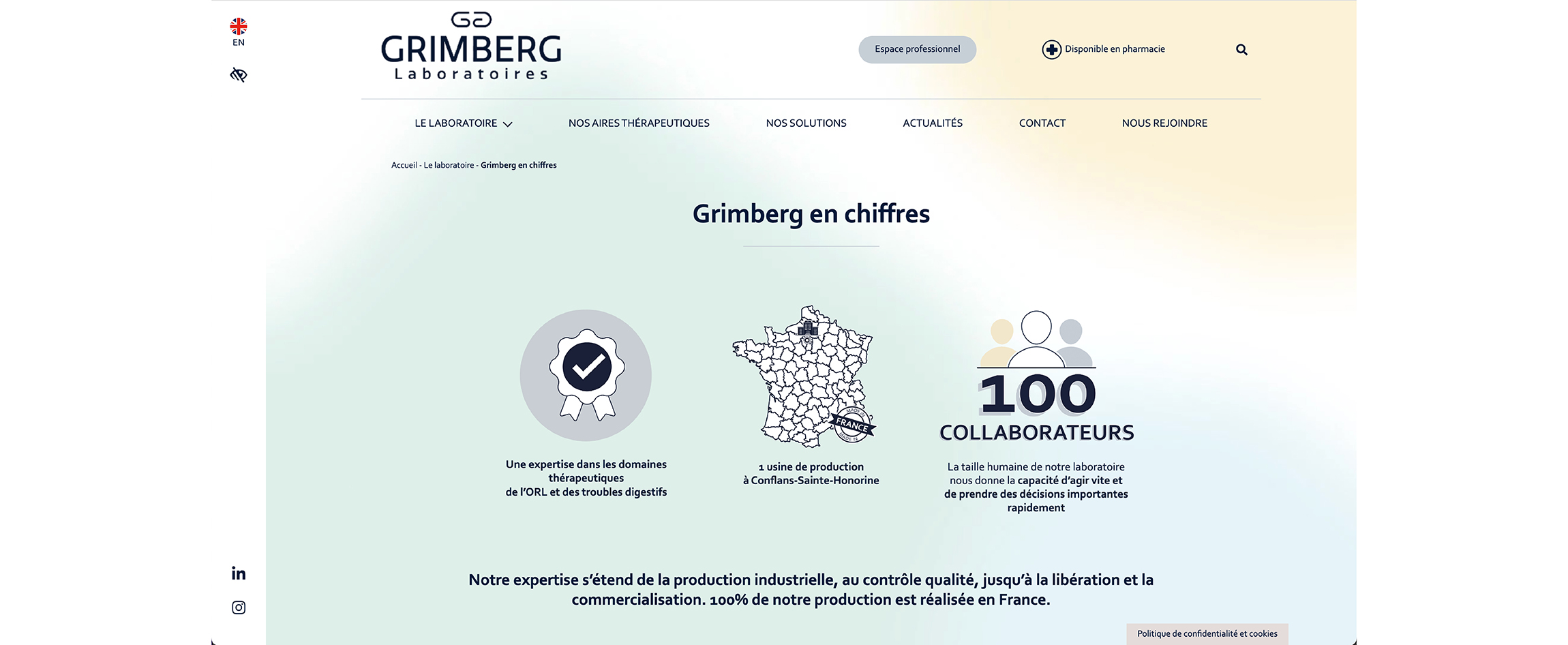 Page du site internet et pictos - Laboratoires Grimberg