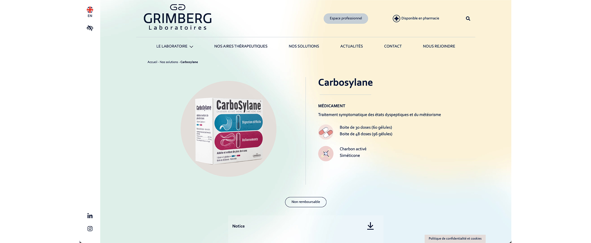 Page du produit Carbosylane + photo du produit - Laboratoires Grimberg